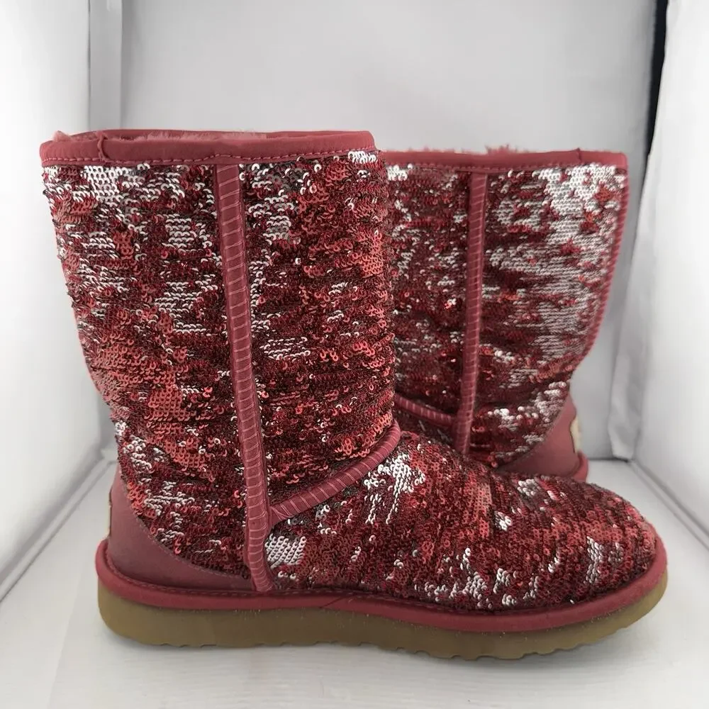 Ugg‎ Australia Women's Red And Silver Sequin Short Boot SN 1003121 US 7